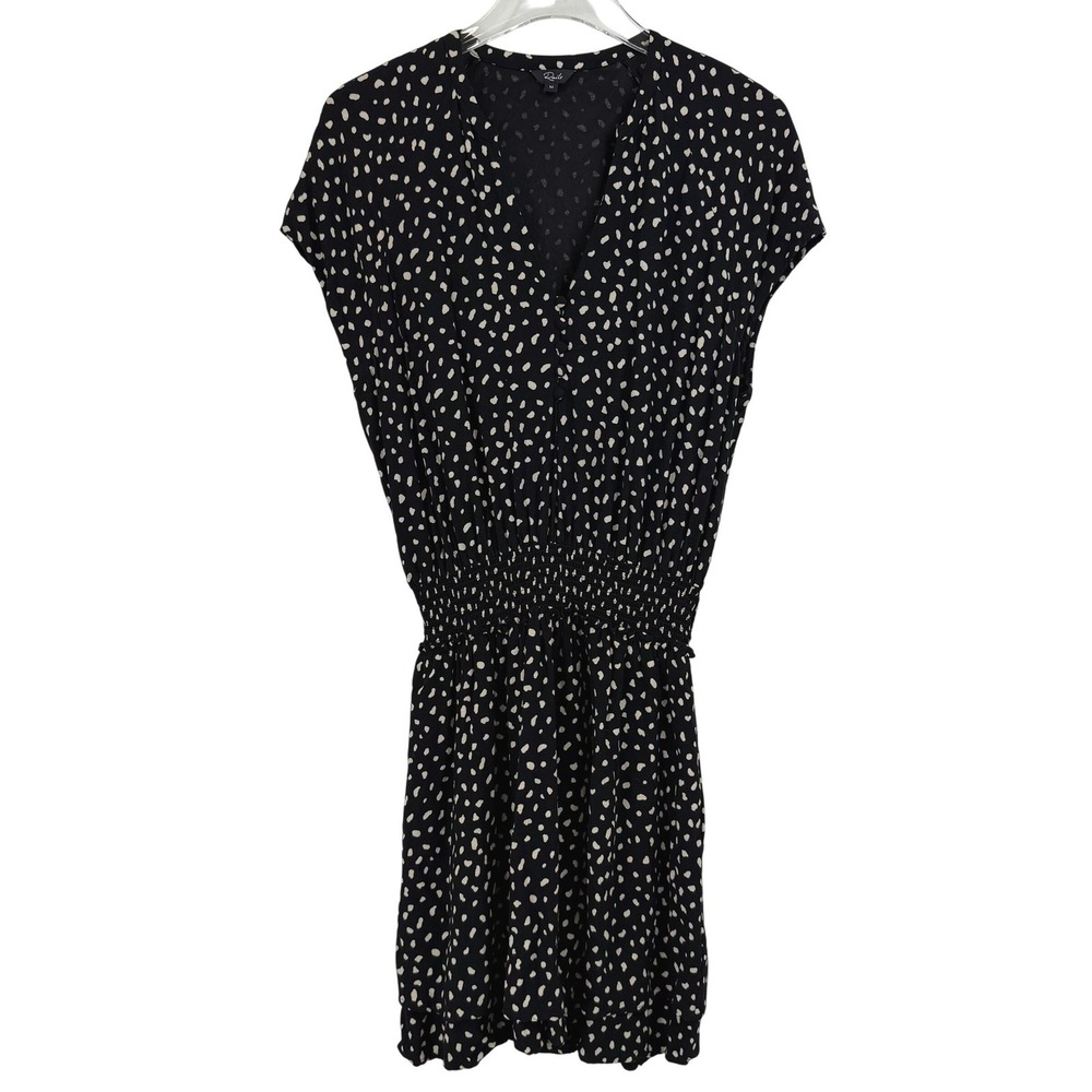 Rails Karla Spot Print Mini Dress Black Ivory Button Front Smocked Waist M - Picture 2 of 7